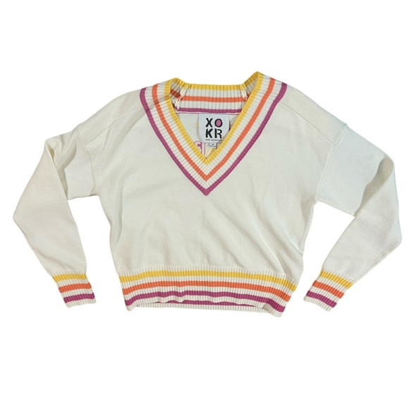 Kerri Rosenthal Get Happy V-Neck Sweater Striped Colorful Soft Sz XS Preppy - Picture 2 of 5